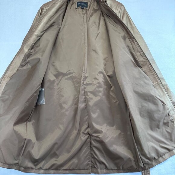 Express Vintage Leather Long Jacket Womens Size 13/14 Gold Bronze Waist Tie - Picture 10 of 16